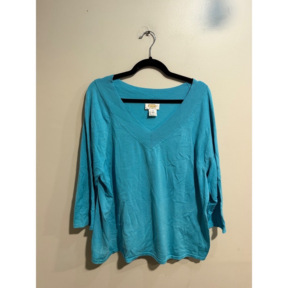 Talbots Woman Turquoise Blue Silk Blend V-Neck 3/4 Sleeve Sweater 1X